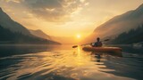 Fototapeta Niebo - Sunset Serenity: Kayaker Paddling Through a Peaceful Mountain Lake