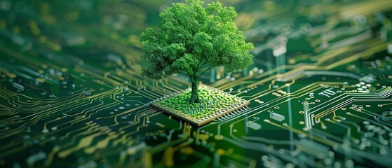 A Tree Sprouting from a Circuit Board, Embracing the Convergence of Digital Technology and Green Computing