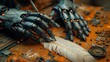 Capture the elegance of a sonnet in a zoomed worms-eye view of a robotic hand delicately holding a quill pen against a backdrop of circuitry and intricate gears