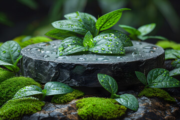 Wall Mural - Stone podium at magic forest, plants, green moss, herbs, dew - 3D mockup background beauty product presentation concept. Copy space platform for Cosmetics, perfume fashion sales advertising stand.