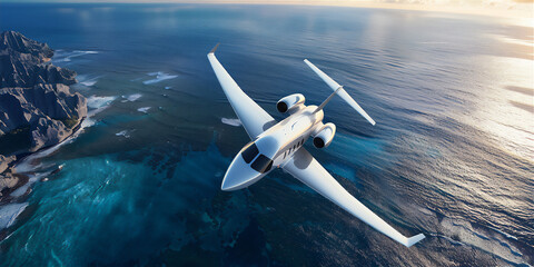 Wall Mural - Luxury private jet flying above the sea. Summer holiday theme background