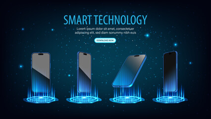 Poster - Smartphone and Smart Mobile Phone with Neon Lights: Front, Perspective Side, and Facing Up on a Futuristic Neon Stage. Digital Screen Hologram Podium and Floating Mockup. Vector Illustration.