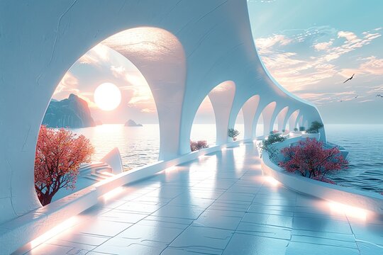 Transform Utopian Wellness Retreat into a mesmerizing digital art piece Craft a futuristic scene using CG 3D techniques