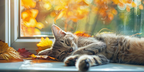 cute cat sleeping on the window with an autumn background, generative AI