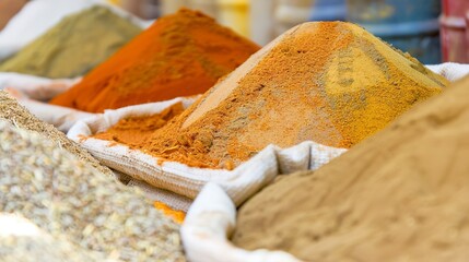 Wall Mural - Local market spices, close-up on colorful powders and textures, bright daylight, sensory appeal 