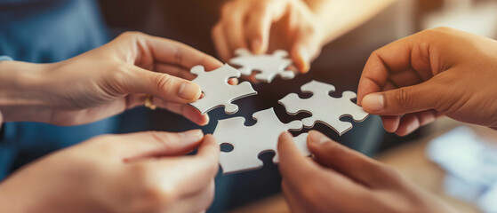 Closeup of hands holding puzzle pieces, symbolizing collaboration and teamwork in business or life. Business team concept with jigsaw puzzle