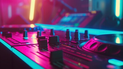 Poster - DJ booth in club, close-up of mixing deck and neon lights, vibrant party scene 