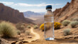 Bottle of water in the desert with hiking trail in background. Conceptual image.
