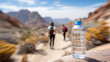 Bottle of water in the desert with hiking trail in background. Conceptual image.