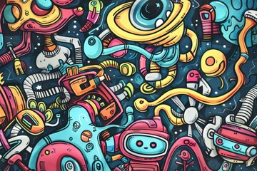 Wall Mural - Cartoon cute doodles of a dreamscape inhabited by sentient robots and futuristic technology, blurring the lines between reality and virtual reality, Generative AI