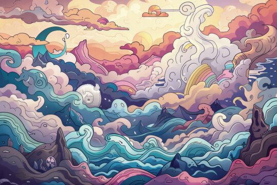 Cartoon cute doodles of a dreamscape inspired by ancient mythology, with gods and goddesses reigning over majestic landscapes and epic battles, Generative AI