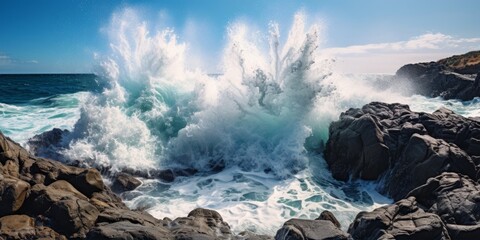 Wall Mural - Powerful ocean waves crashing against rocky coastline