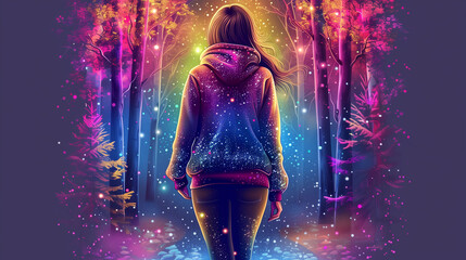 A woman is walking through a forest with a colorful hoodie on