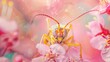 A closeup halfbody of a charismatic insect in a light, floral summer dress, set against a soft pink, colorful strange bizarre sharpen blur background with copy space