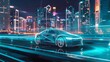 a self-driving electric car navigating through a technologically advanced cityscape