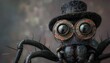 A closeup halfbody of a charismatic arachnid with a monocle and bowler hat, against a moody grey, colorful strange bizarre sharpen blur background with copy space