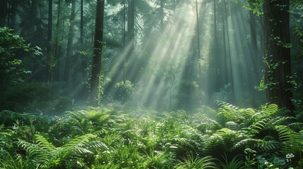 Wall Mural - forest scene with sunlight filtering through the canopy, casting ethereal rays of light onto the forest floor