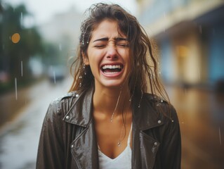 Poster - young woman crying in the rain