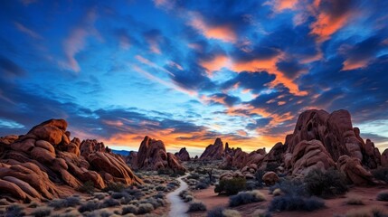 Poster - Dramatic sunset over rocky desert landscape