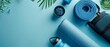 © JK_kyoto - Creative flat lay template of fitness gear including yoga mat and water bottle, promoting health routines, with solid background and copy space on center
