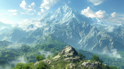 Wall Mural - awe - inspiring mountain views under a clear blue sky with fluffy white clouds