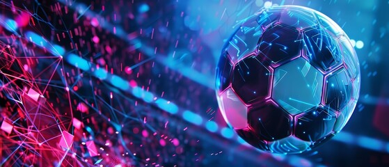 Explore a futuristic sports banner featuring a soccer ball on a neonlit background, Sharpen banner with space for text