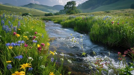 Poster - spring landscape dotted with colorful wildflowers and fresh green foliage