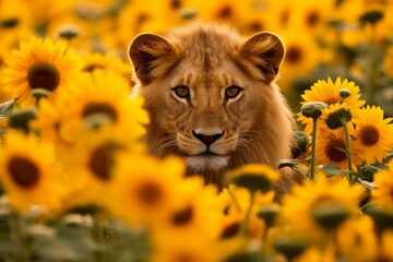 Canvas Print - Majestic lion amidst vibrant sunflowers