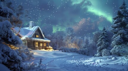 Wall Mural - A cozy cabin under a wintery aurora s glow