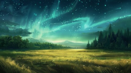 a mesmerizing night sky adorned with radiant auroras above a serene forest landscape