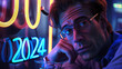 Contemplative Man with Neon 2024 Sign Reflecting on the Future