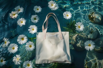 Wall Mural - Mockup of a white tote bag laying on water with flower, White cotton or mesh eco bag on water