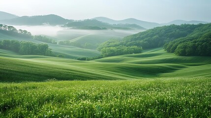 Wall Mural - green valley landscape photography in the foggy mountains