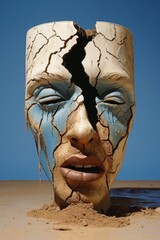 Poster - cracked face sculpture on beach