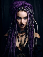 Canvas Print - Mysterious goth woman with purple dreadlocks and dark makeup