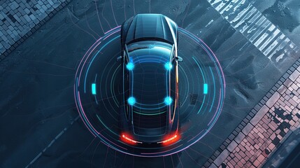 Poster - Autonomous smart car will scan the road for hazards. IOT concept in autonomous self-driving mode with graphic sensors and radar signals. Top view of the futuristic smart car.