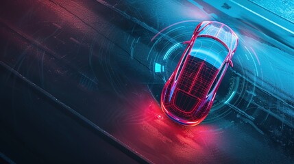 Poster - Autonomous smart car will scan the road for hazards. IOT concept in autonomous self-driving mode with graphic sensors and radar signals. Top view of the futuristic smart car.