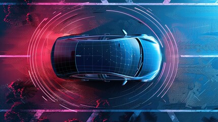 Poster - Autonomous smart car will scan the road for hazards. IOT concept in autonomous self-driving mode with graphic sensors and radar signals. Top view of the futuristic smart car.