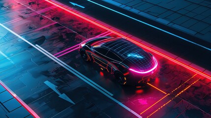Poster - Autonomous smart car will scan the road for hazards. IOT concept in autonomous self-driving mode with graphic sensors and radar signals. Top view of the futuristic smart car.