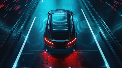 Poster - Autonomous smart car will scan the road for hazards. IOT concept in autonomous self-driving mode with graphic sensors and radar signals. Top view of the futuristic smart car.