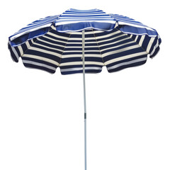 Blue and white striped beach umbrella, isolated on white