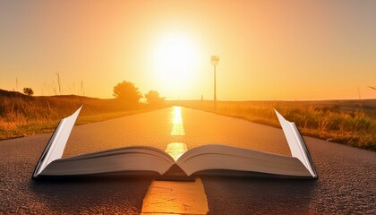 silhouette of a person in the sunset, open book with sun rays, book with cross on the hill, Bright sun light and bible book silhouette  Christ guiding the bright path.