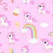 Seamless pattern with unicorns, donuts rainbow, confetti and other elements. Vector background with stickers, pins, patches in cartoon comic style.