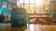 school backpack on a table in classroom on sunny morning. copy space for text.