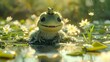 A charming scene featuring a large frog with a smaller frog on its head, both smiling amidst a pond full of blooming lilies.