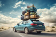 © Stavros - Travelling by car. Car with luggage on the roof. Car on the road with a lot of suitcases on roof. Family travel on vacation.
