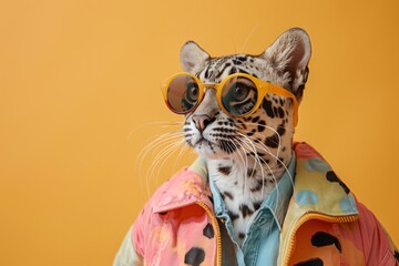 Wall Mural - A Clouded Leopard styled in funky fashion with a colorful jacket, casual shirt, and dark shades, against a soft pastel background, AI Generative