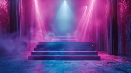 Wall Mural - Abstract neon background, 3D rendered music stage, glowing shapes, empty fashion podium with stairs, AI Generative