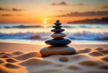 A pyramid made of stacked stones on a sandy beach with the ocean at sunset