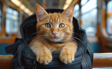 A cute orange cat is sitting inside a black bag on a seat inside a train